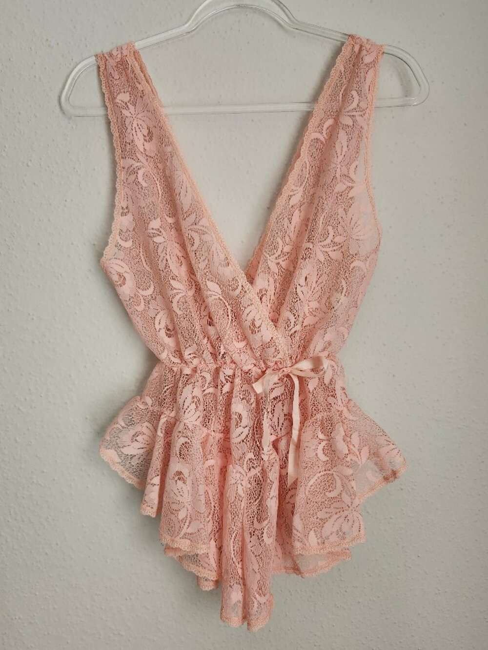 Vtg 70s/80s Flair Peach Lace Teddy Romper Plunge Ruffle Bodysuit ILGWU USA Small